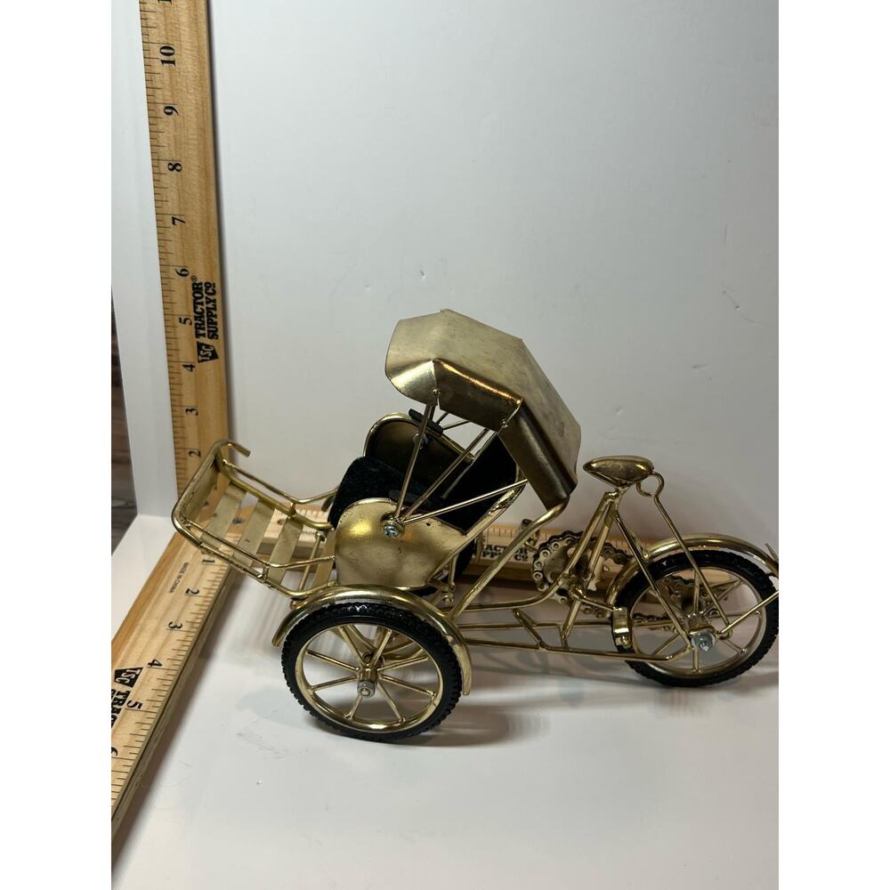 Vintage Brass Rickshaw Tricycle Model with Seat Antique Pedicab Home Décor